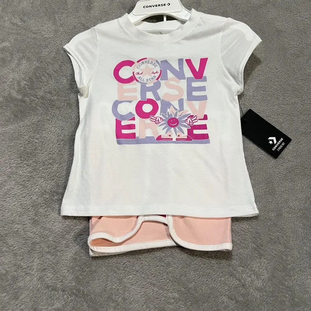 Converse Shirt Shorts Set Girls 6X White Pink All Star 2 Piece Graphic Outfit
